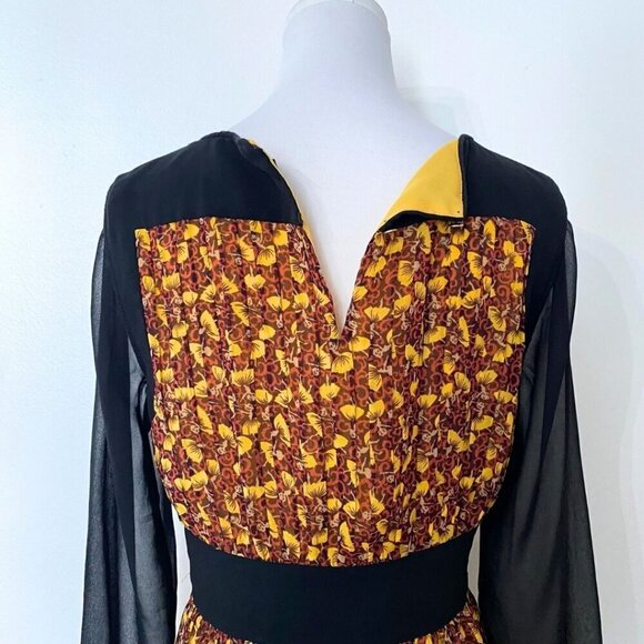 TED BAKER BARTA YELLOW ORANGE FLORAL BLACK SHEER CHIFFON PLEATED A-LINE DRESS - Picture 6 of 14